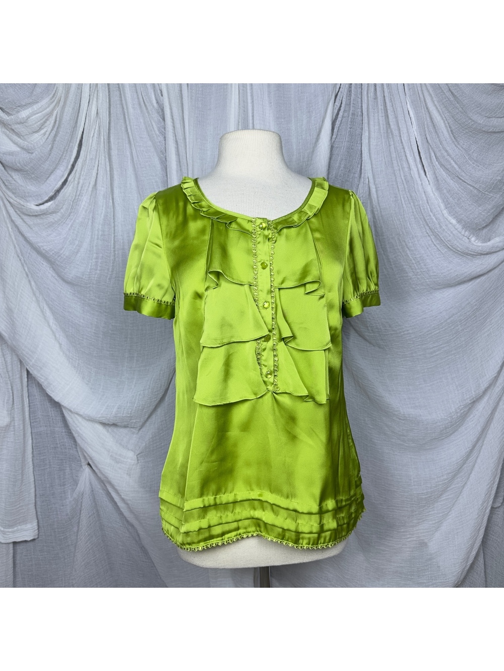 Y2k Boho Green Satin Ruffle Front Blouse